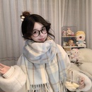 蓝色高级感格子围巾冬季 百搭韩系氛围感围脖加厚两用 女披肩新款