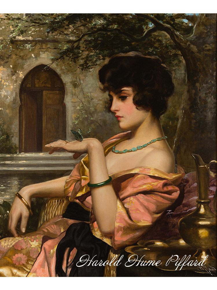 奥斯曼美人和蝴蝶 harold piffard英国人物油画 玄关走廊装饰画芯