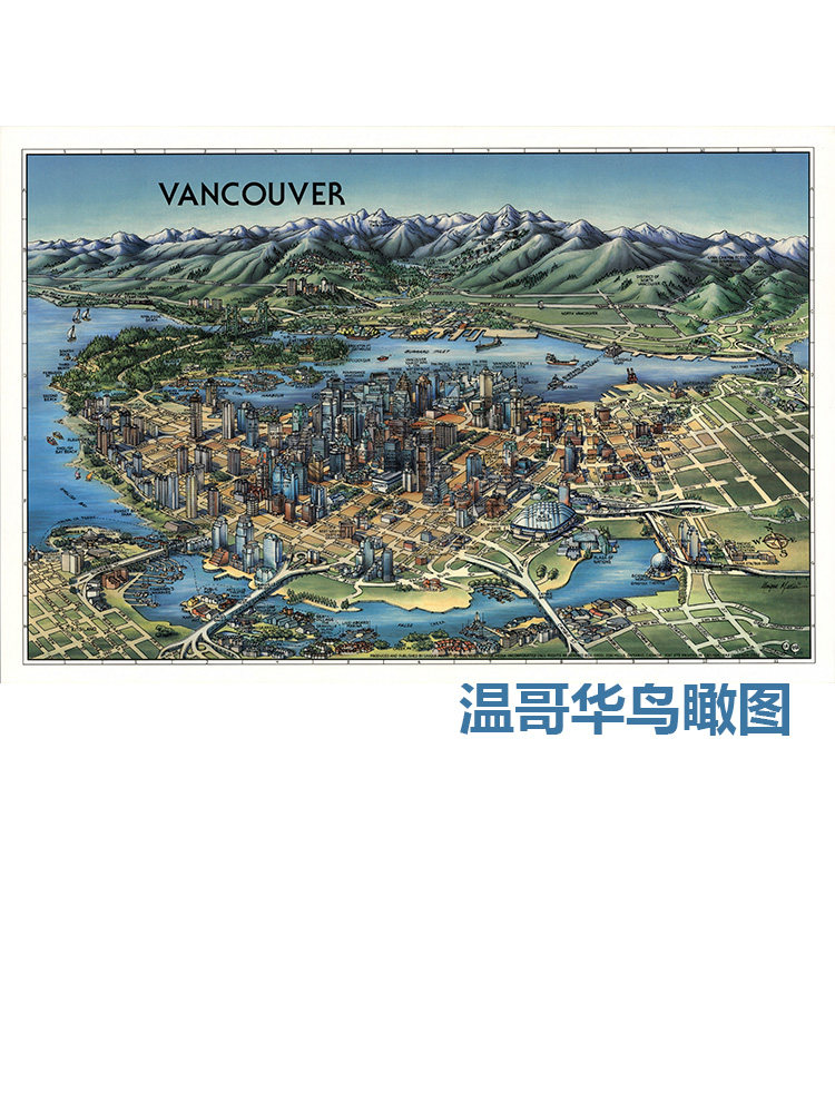 温哥华鸟瞰地图地理插画海报