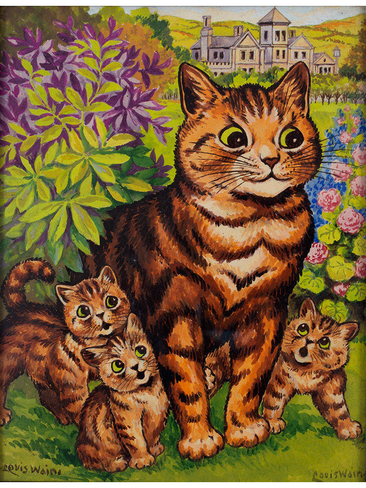 花园里的母猫和小猫 louis wain英国动物幽默插画 儿童房装饰画芯