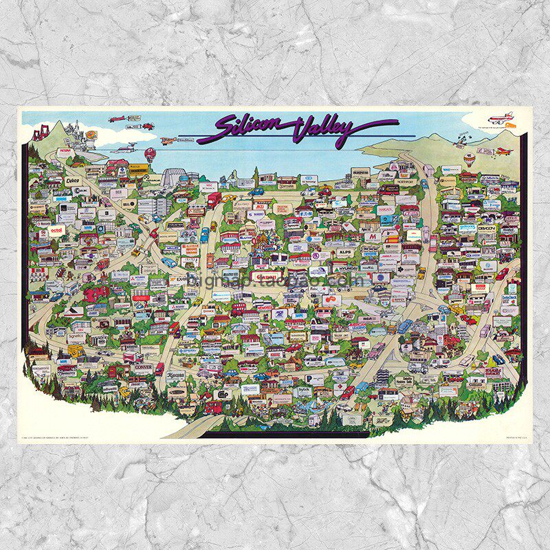 美国硅谷插画地图1985版大尺寸巨幅复古办公室美式装饰壁挂画芯心
