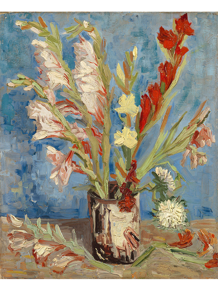 瓶中的剑兰与翠菊 梵高van gogh印象派静物油画 玄关装饰画芯超清