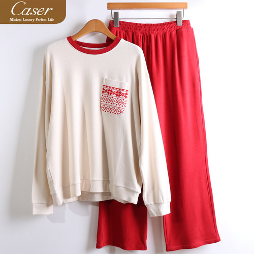 caser凯撒冬女士肌理绒圆领印花家居服套装长袖睡衣睡裤BL66-5983