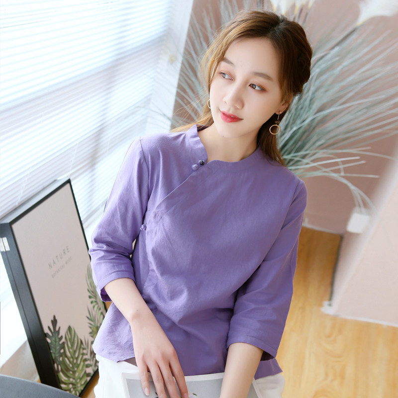 中式女夏民国风茶艺服装女中国风衬衫