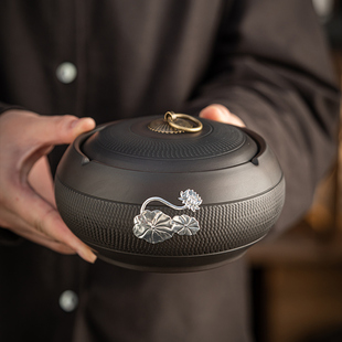 紫陶烟灰缸家用陶瓷带盖防风客厅卧室荷花锡民宿大号烟缸防飞灰缸