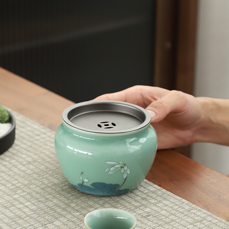 青瓷建水小茶渣桶废茶水水盂仿古功夫茶具配件茶洗茶渣缸手绘青花