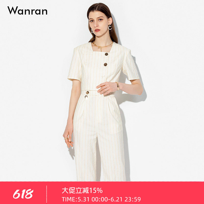 复古方领条纹短款高腰开衩西装