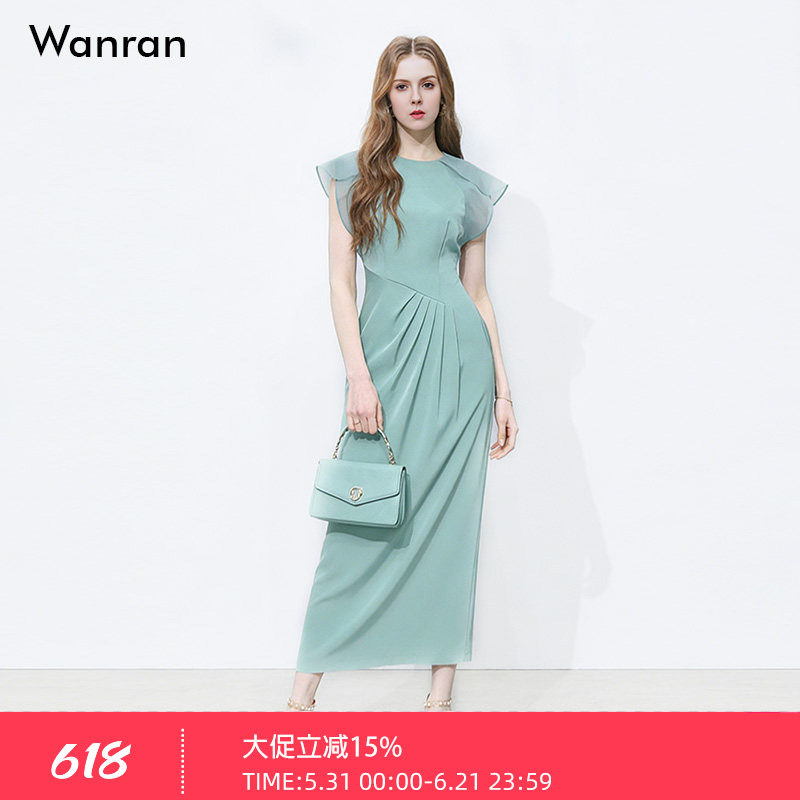 2026夏季新款时尚气质圆领收腰荷叶袖修身包臀显瘦中长连衣裙