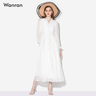 2025春装新款V领荷叶长袖长款仙女连衣裙白色飘逸度假大摆裙