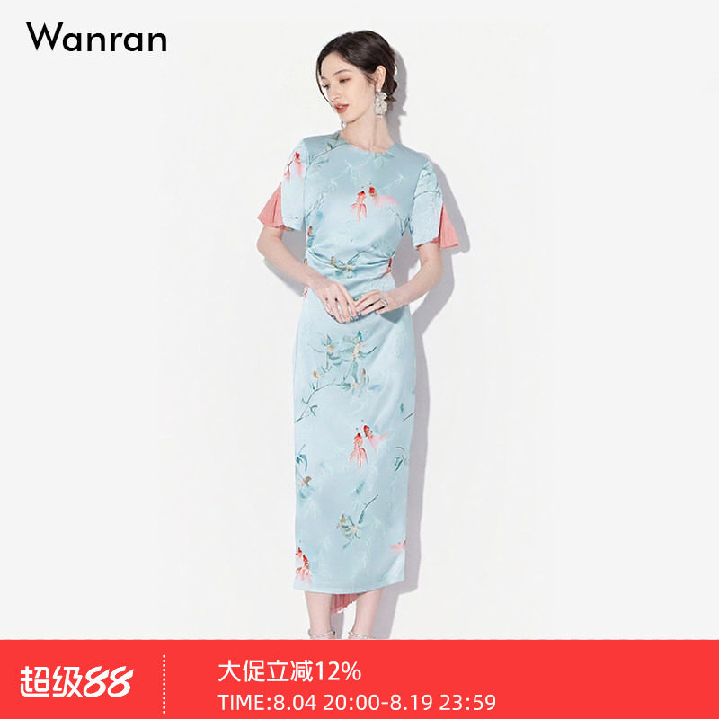 2026夏季新款新中式国风提花印花拼接欧根纱修身铅笔型连衣裙