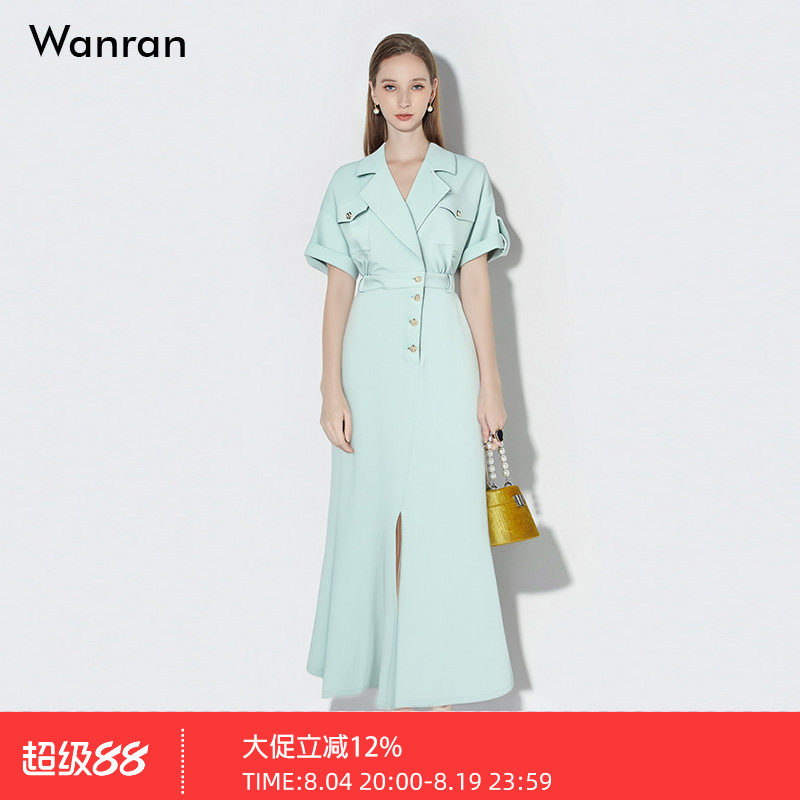 2026夏季新款仿棉麻精致面料收腰鱼尾开衩气质优雅西装领连衣裙女
