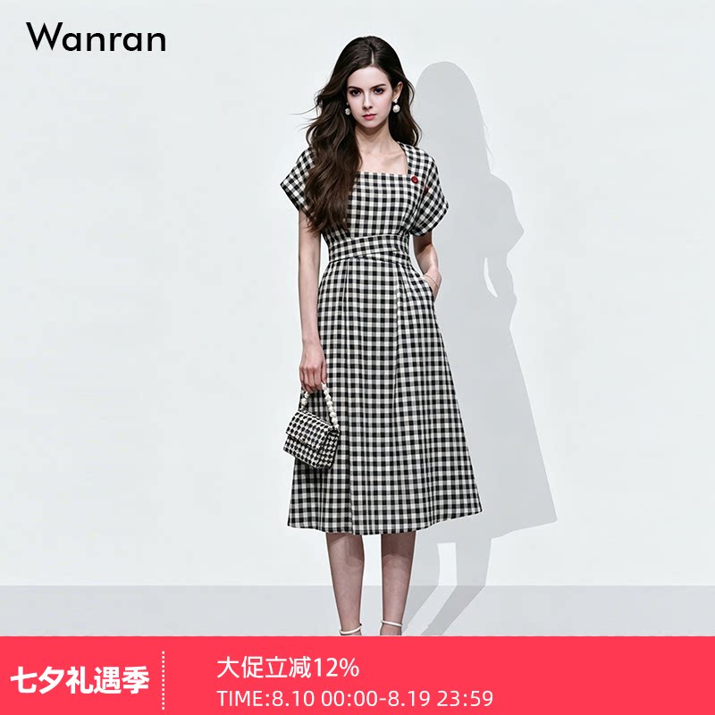 2026年夏季新款方领系带蝴蝶结收腰A字撞色格纹衬衣裙连衣裙女