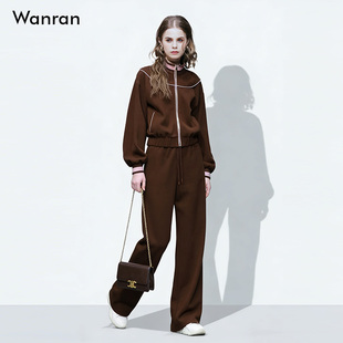 2026春季新款时尚休闲撞色加厚毛感卫衣外套+高腰窄版阔腿裤套装