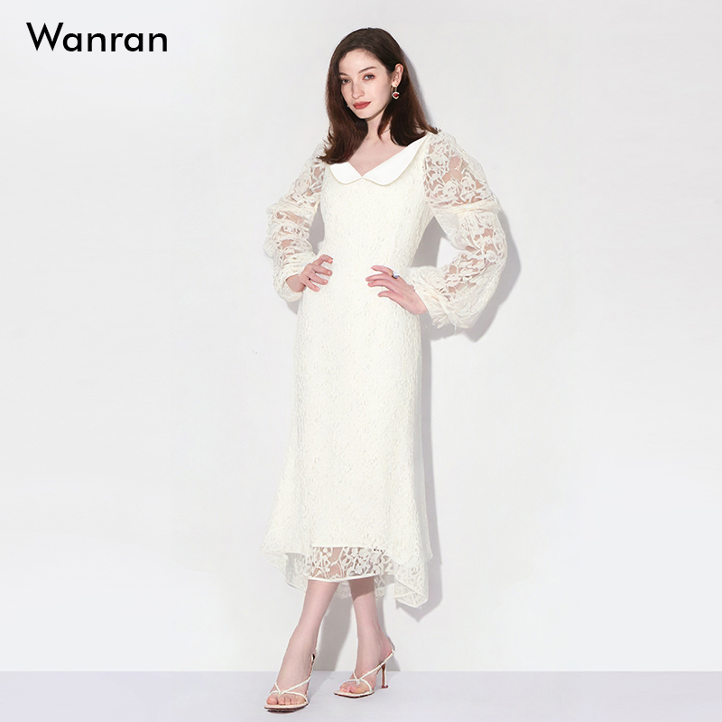 2025年秋季新款气质娃娃领钉珠灯笼袖设计感收腰鱼尾蕾丝连衣裙