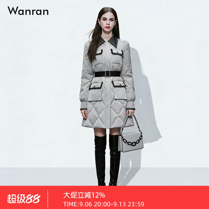 2026冬季新款时尚撞色翻领贴袋小香气质系带A字羽绒服外套白鸭绒