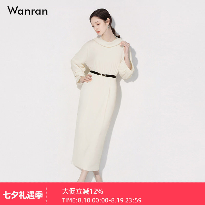 2026春季新款气质半高领造型袖设计收腰直筒后中开衩仿醋酸连衣裙
