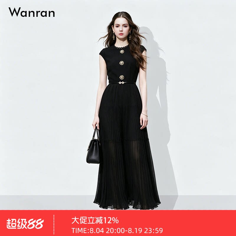 2026夏季新款时尚千金风玫瑰绣花收腰大摆长裙黑色气质连衣裙女