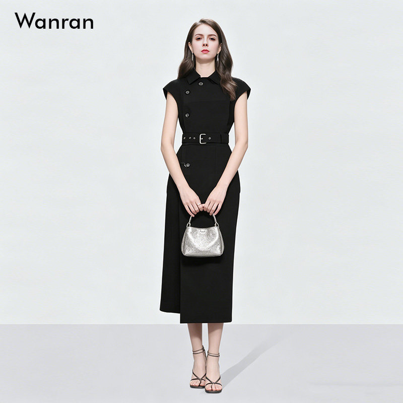 2026夏季新款通勤职业气质御姐范高级翻领无袖系带风衣式连衣裙