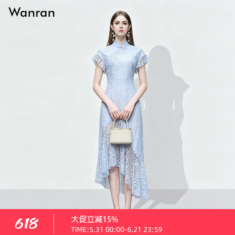 2026夏季新款新中式气质立领短袖收腰不规则鱼尾摆蕾丝旗袍连衣裙