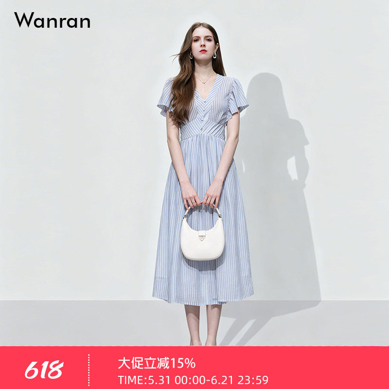 2026夏季新款时尚复古赫本风收腰大摆荷叶袖中长蓝色条纹连衣裙