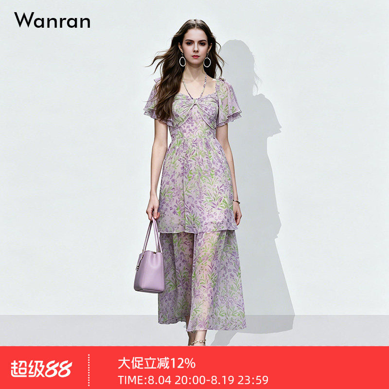 2026夏装新款时尚气质荷叶袖收腰抽褶荷叶边印花雪纺气质连衣裙