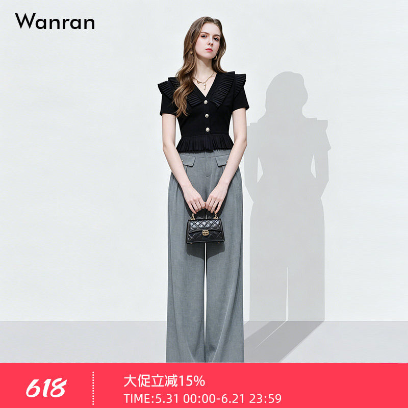 2026夏季新款时尚百搭V领短袖荷叶边黑色T恤+高腰显瘦阔腿裤套装
