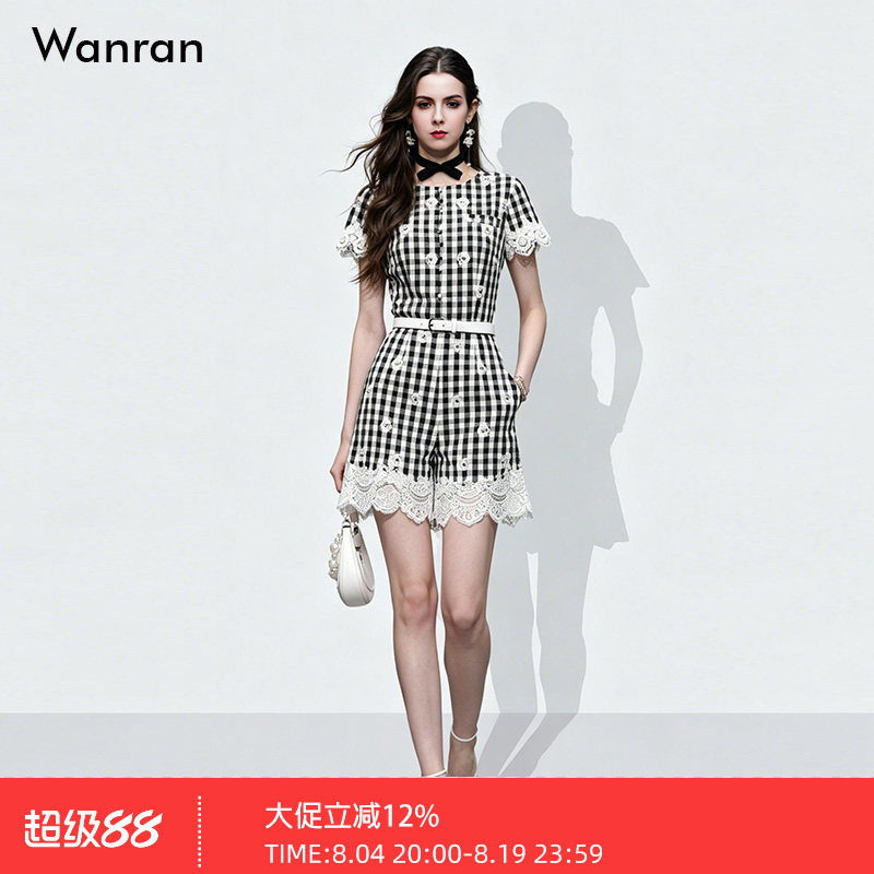 2026夏季新款时尚千金风蕾丝拼接系带A字撞色玫瑰花格子连体裤女
