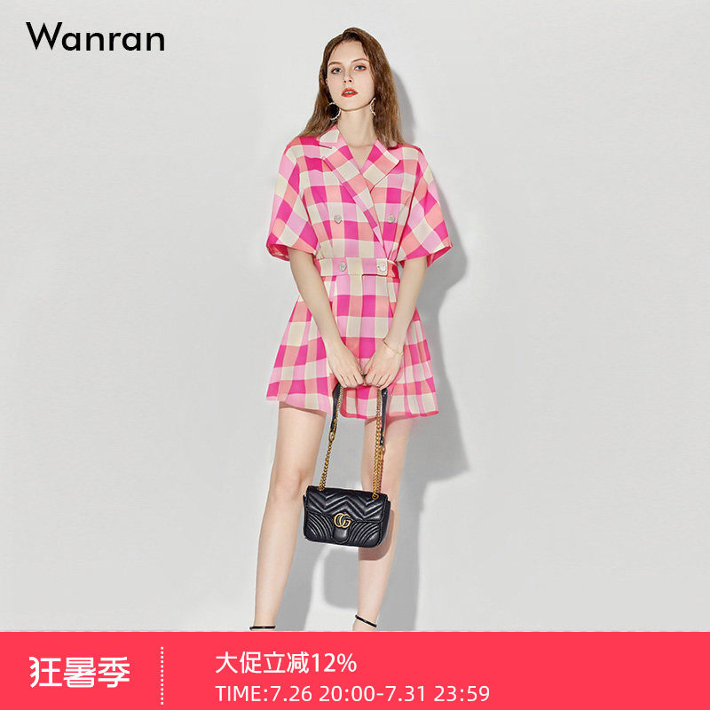 2026夏季新款时尚气质翻领连肩袖收腰修身格纹连体裤短裤裤子