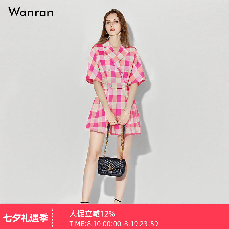 2026夏季新款时尚气质翻领连肩袖收腰修身格纹连体裤短裤裤子