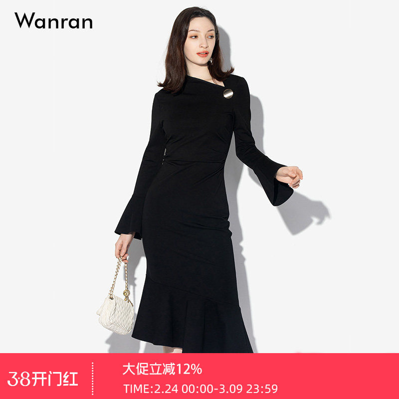 春装女装2026新款气质黑色喇叭袖修身收腰显瘦鱼尾连衣裙长裙裙子
