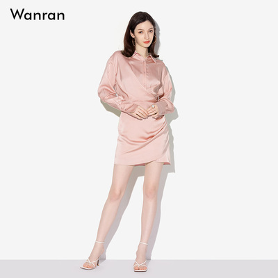 春装女装2026新款气质橘粉色收腰显瘦缎面衬衫裙连衣裙短裙裙子女