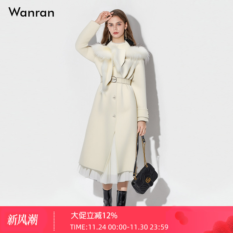 2025冬季新款欧美时尚名媛范定制狐狸毛领中长款米白色双面呢大衣