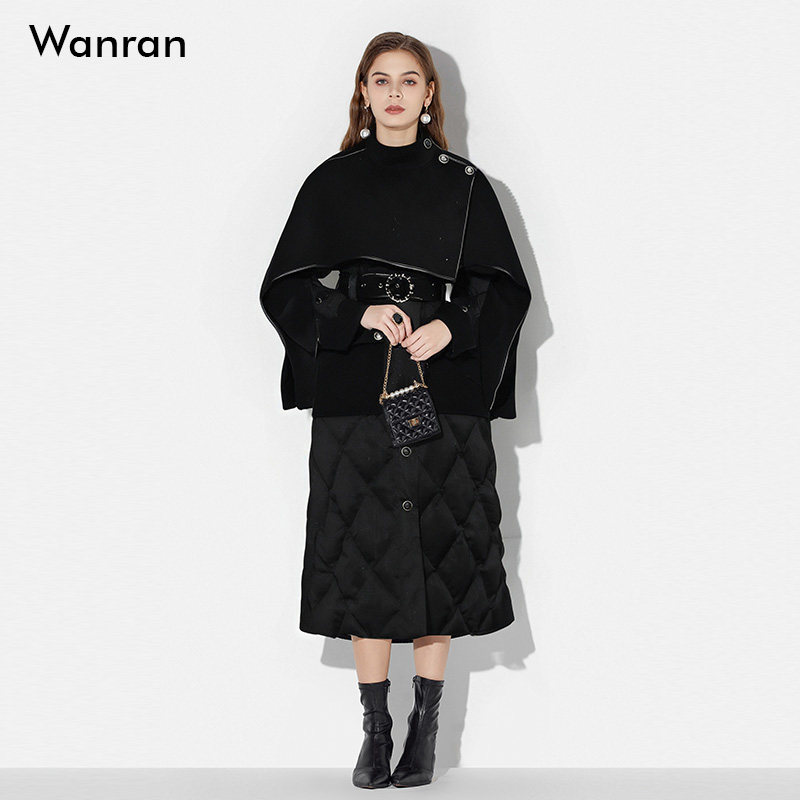 2025冬季气质立领包边设计面料拼接腰带收腰单排扣长款羽绒服