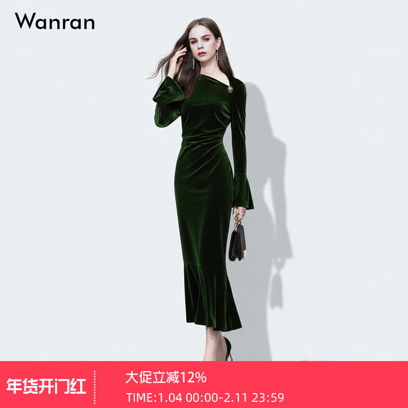 2025年冬季新款气质喇叭袖修身收腰显瘦鱼尾丝绒连衣裙长裙裙子,女装/女士精品,连衣裙,淘宝优惠券,粉丝福利购,淘宝优惠卷