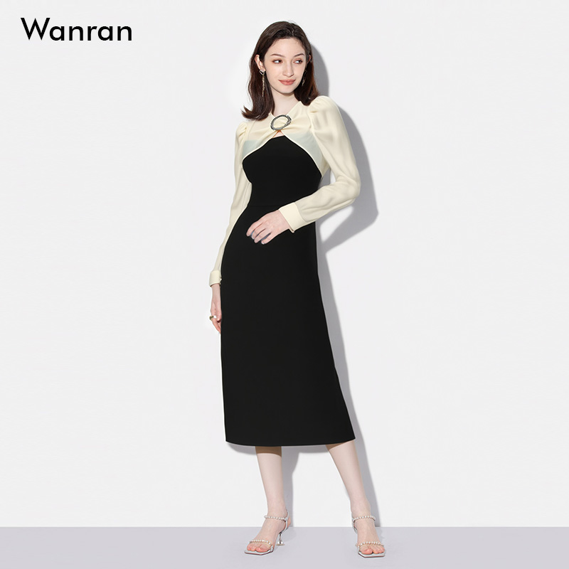 秋装2025新款女装气质撞色泡泡袖长裙收腰显瘦连衣裙小黑裙女