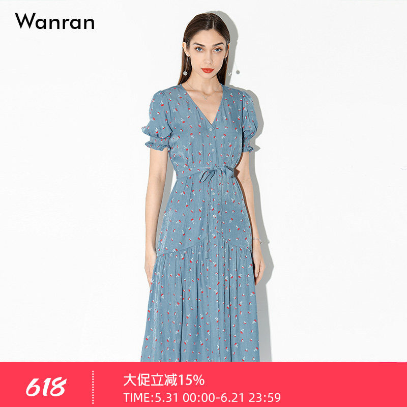 2026夏装新款欧美时尚气质优雅V领灯笼袖印花天丝牛仔连衣裙女装