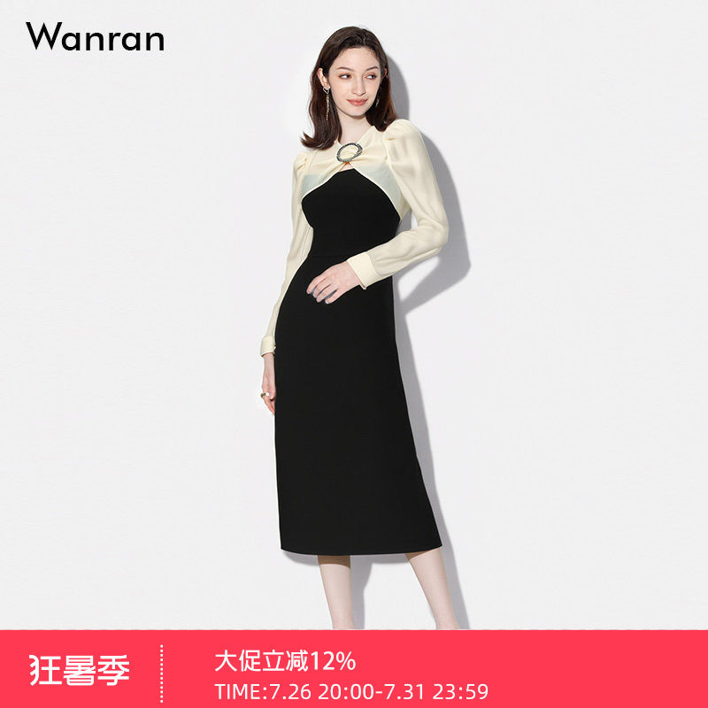 春装2026新款女装气质撞色泡泡袖长裙收腰显瘦连衣裙小黑裙女