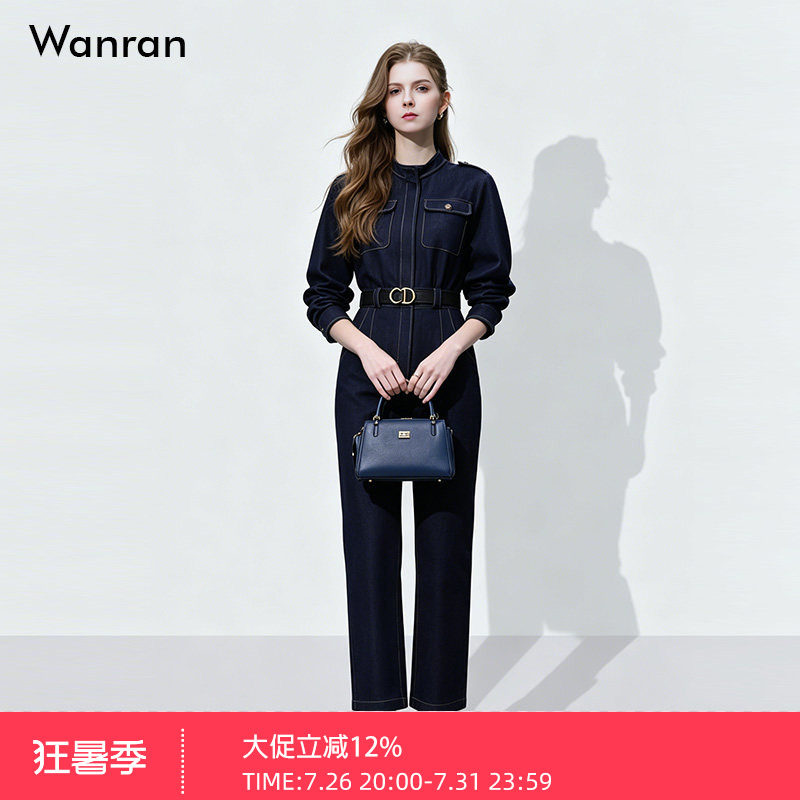 2026春季新款时尚帅气设计感宽肩长袖衬衣式牛仔连体裤显瘦长裤