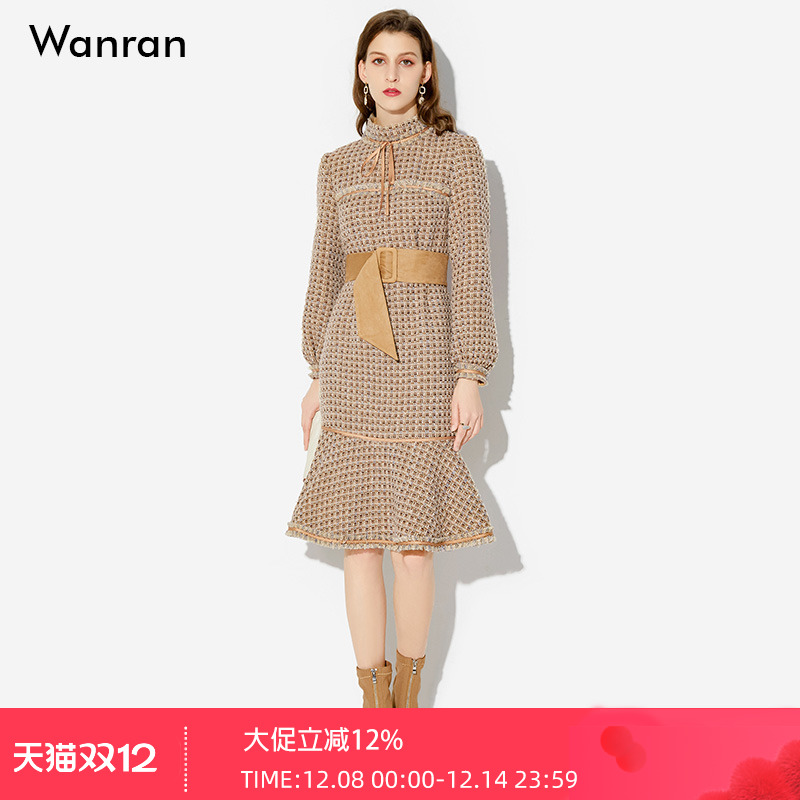 秋冬新款荷叶边粗花呢鱼尾连衣裙