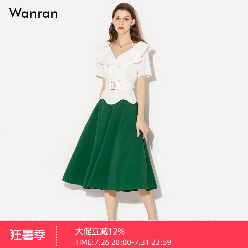 莞然复古西装翻领大摆拼接连衣裙