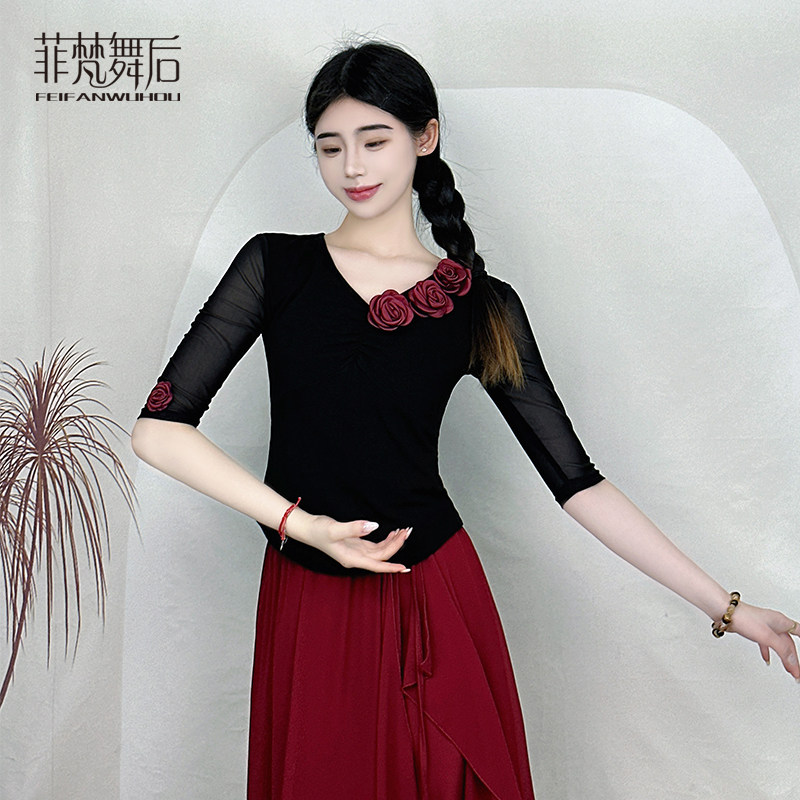 菲梵舞后团体舞蹈服上衣女现代古典舞练功服v领上衣表演出服显瘦