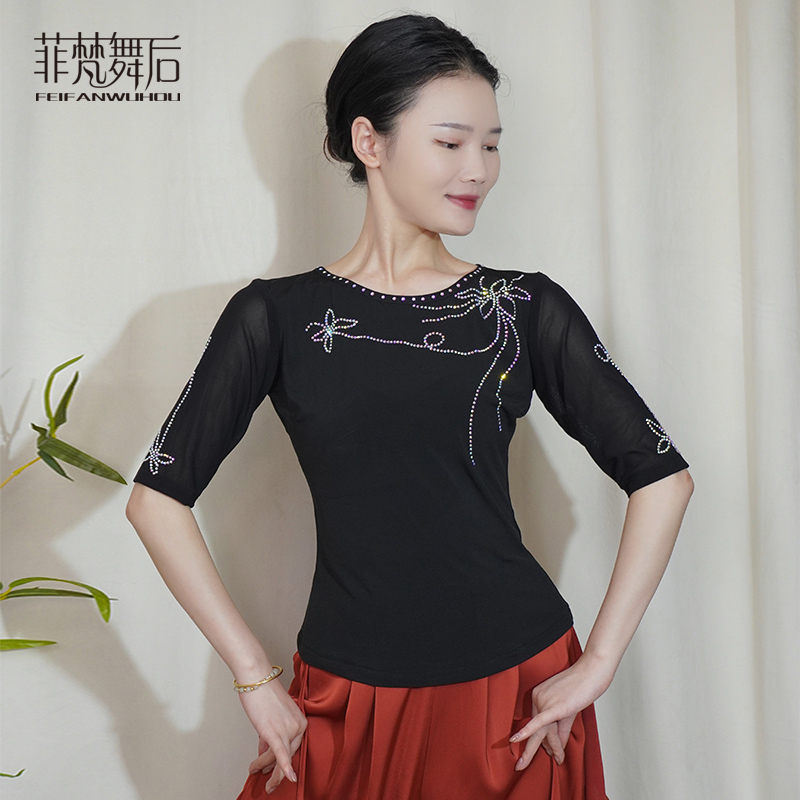 菲梵舞后广场舞蹈服装练功服上衣女烫钻中袖拉丁摩登舞现代舞服装