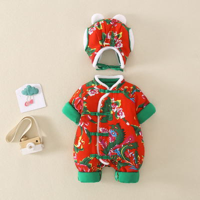 东北大花婴儿服秋冬装新生宝宝连体衣加厚保暖冬季棉袄过年拜年服