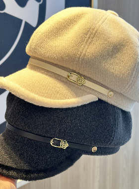 2025新款加厚玫瑰扣八角帽鸭舌帽子女秋冬毛边金属扣带时尚保暖帽