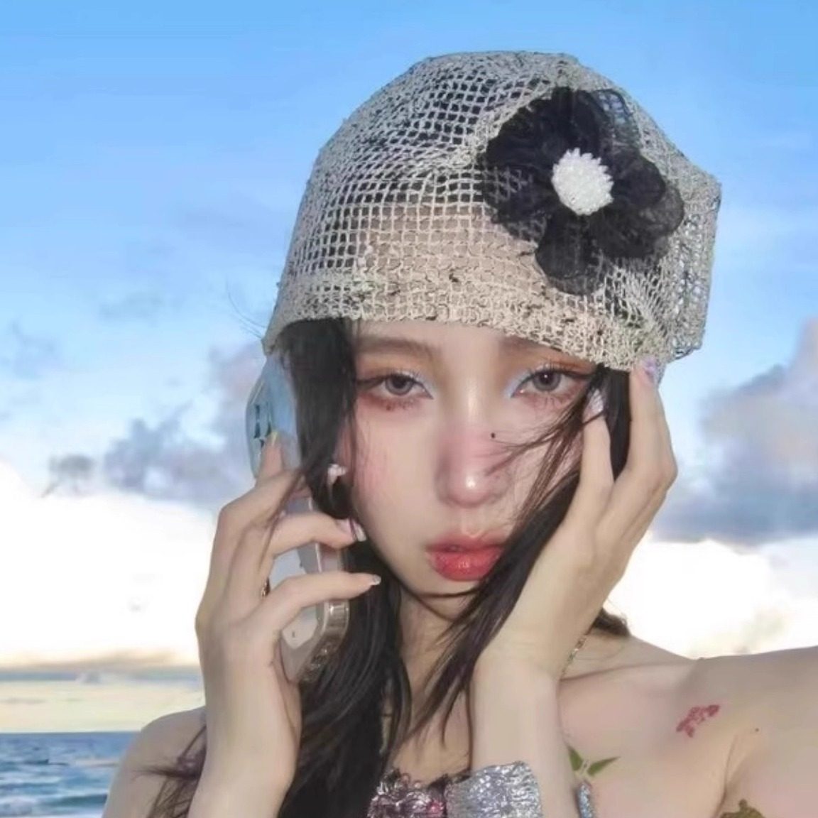 小众设计款复古花朵镂空针织帽女