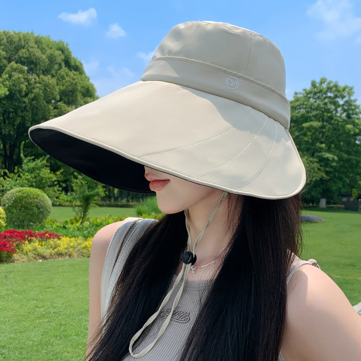 2025新款大帽檐黑胶防晒帽子女夏季遮阳渔夫帽防紫外线防风太阳帽