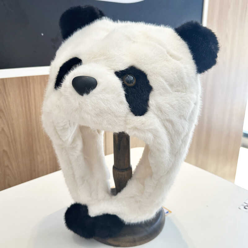 网红秋冬熊猫护耳帽加厚保暖亲子可爱卡通毛绒套头帽防风雷锋帽萌