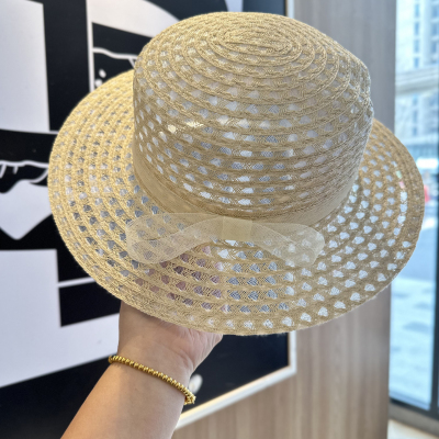法式蝴蝶结草编平顶防晒帽透气