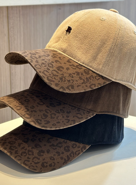 美式复古豹纹棒球帽子女秋冬百搭显脸小拼接R字母鸭舌帽2025新款