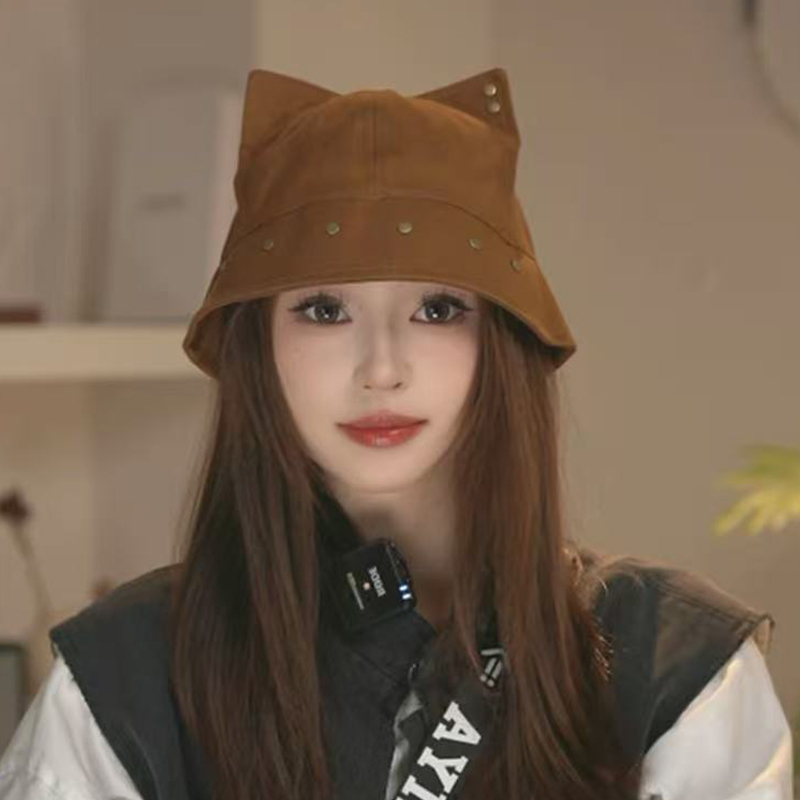 小众个性猫耳朵渔夫帽子女铆钉百搭显脸小水桶帽可水桶帽朋克风